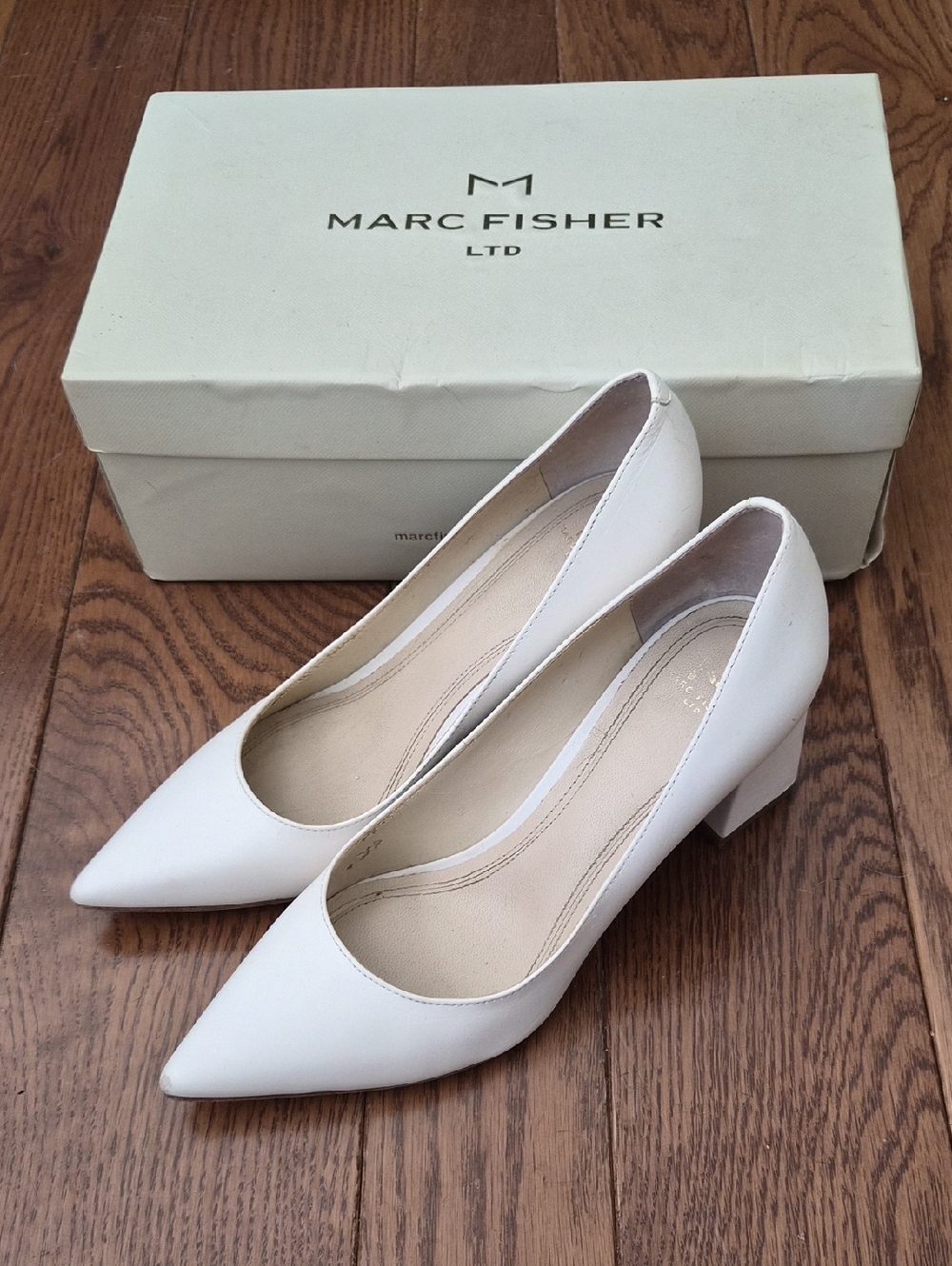 Marc Fisher White Pointed Block Heel Pumps